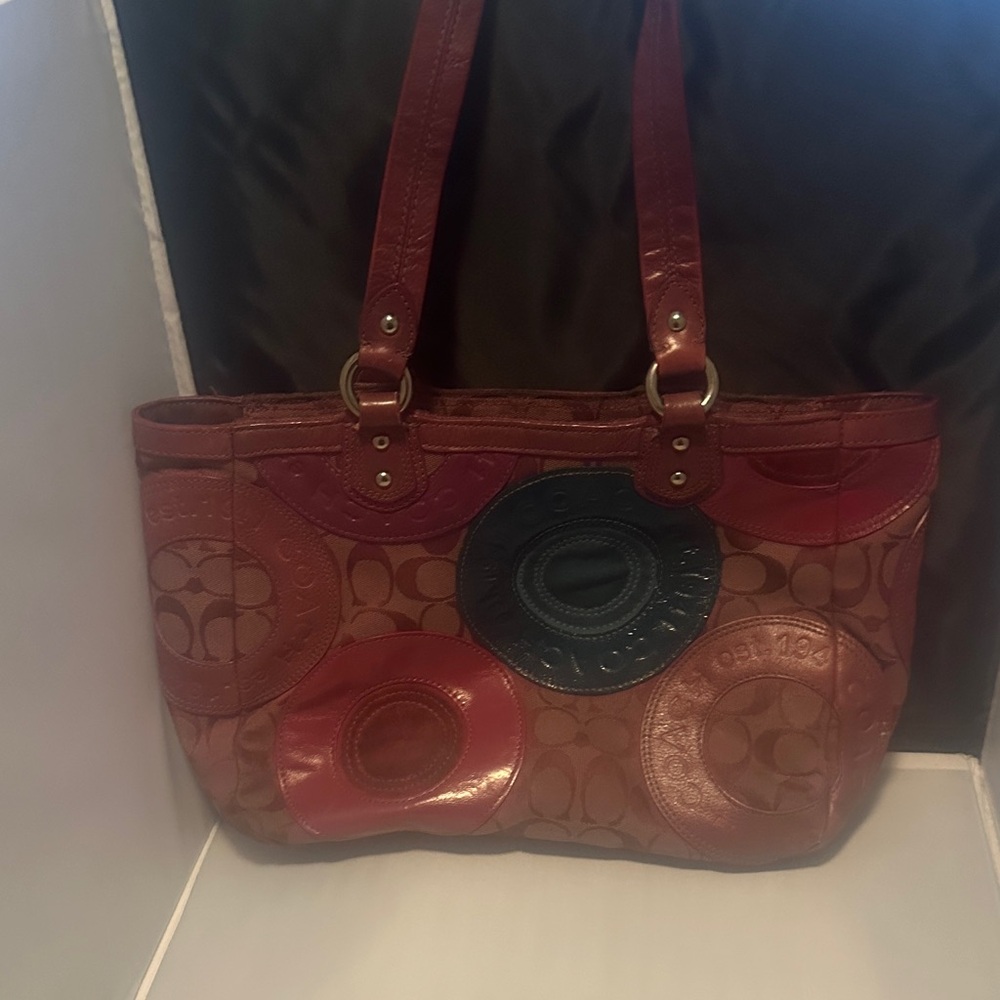 Coach Red and Brown Patchwork Shoulder Bag